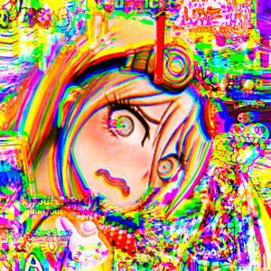 故障藝術中的動漫女孩，帶有彩虹扭曲和漂浮文字。 — 驚爆危機 壁紙