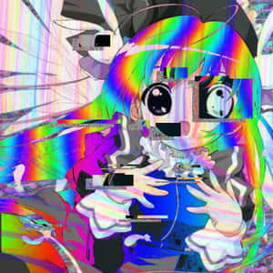 一個帶有彩虹頭髮和大眼睛的動漫女孩的故障藝術。 — 湖泊 壁紙
