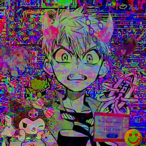 帶有惡魔角和鎖鏈的動漫角色在故障數位拼貼中。 — 怪核 GIF 壁紙