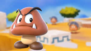 在陽光明媚的沙漠電玩場景中的憤怒栗子球角色 — 超級瑪利歐 壁紙