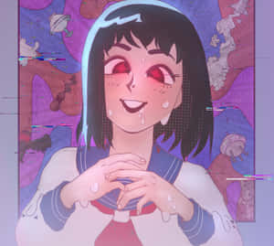 穿著水手服的動漫女孩，帶有故障效果和宇宙背景，流淚哭泣。 — 黑川伊佐那 壁紙