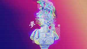 古典半身像上的故障效果，帶有日本文字，背景為霓虹漸變。 — 蒸氣波 壁紙