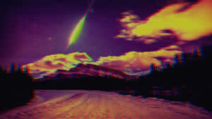 帶有故障效果的夜空，流星越過山脈和道路 — 故障 壁紙