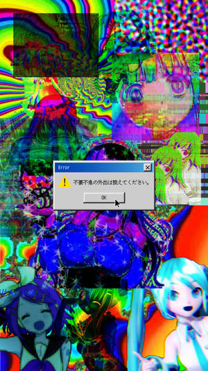 以動漫角色和日本錯誤訊息框為特色的故障藝術拼貼畫。 — 驚爆危機 壁紙