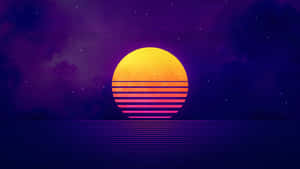 一個風格化的復古太陽在星空下落在紫色海洋上。 — 可愛平板 壁紙