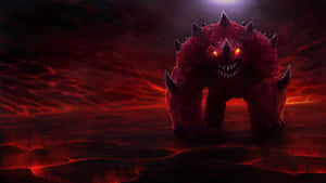 紅色尖刺惡魔站在熔岩場中，眼睛發光 — 電玩遊戲 GIF 壁紙