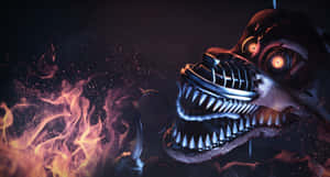 一個帶有發光眼睛和尖銳牙齒的可怕電子動畫被火焰包圍。 — 惡夢佛萊迪 壁紙