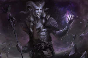 一個有角和法杖上有烏鴉的惡魔巫師在暴風虛空中召喚黑暗魔法。