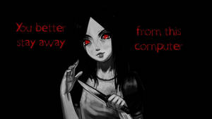 紅眼動漫女孩持刀警告遠離電腦。 — 簡約 壁紙