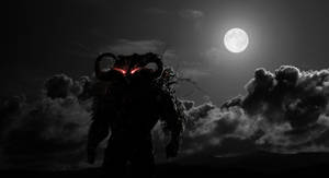 滿月下一個帶有發光紅眼的惡魔形象。 — 月光 壁紙