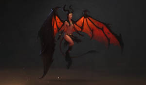 一個帶有紅色翅膀和角的惡魔女性漂浮在黑暗中。 — 酷炫惡魔 壁紙