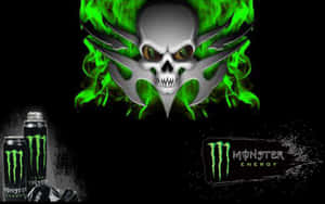 Monster Energy標誌骷髏頭，帶有綠色火焰和產品罐，黑色背景。 — Monster Energy 壁紙