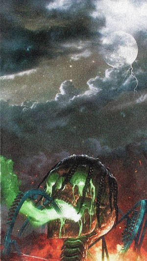 帶有發光綠色粘液的外星怪物，在暴風雨夜空下從熾熱地面噴發。 — 崔維斯·史考特 GIF 壁紙