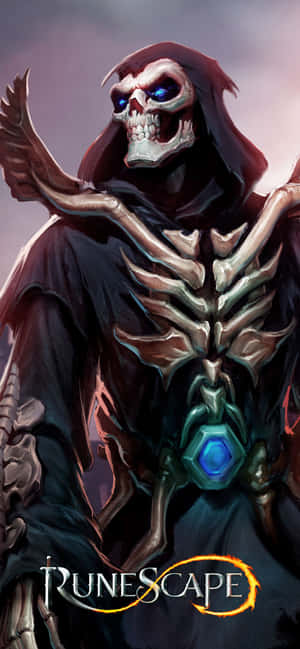 來自 Runescape 遊戲的發光眼睛和深色斗篷的骷髏戰士。 — iPhone 16e 壁紙