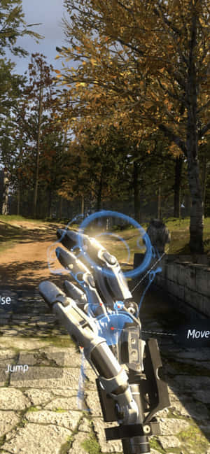 秋日森林遊戲場景中帶有藍色能量的機械臂 — 電玩遊戲 GIF 壁紙