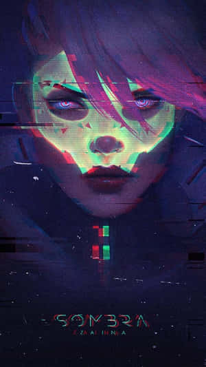 一個在深色數位場景中帶有發光臉和故障效果的賽博龐克女性。 — 鬥陣特攻 壁紙