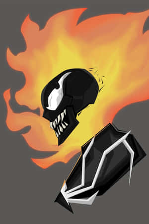 深灰色背景上，Venom 角色頭部後方有火焰 — iPhone Duo 壁紙