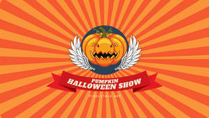一個有翅膀的南瓜燈，帶有紅色橫幅寫著 Halloween Show，背景為橙色太陽爆發。 — 復古萬聖節 壁紙
