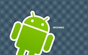 綠色Android機器人標誌，帶白色輪廓，背景為藍色圖案。 — 可愛的機器人 壁紙