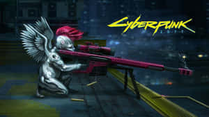 Cyberpunk 2077 天使手持粉紅色狙擊步槍在雨夜屋頂 — 電馭叛客2077 壁紙