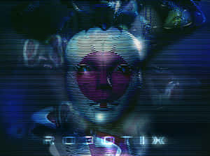一個帶有發光眼睛和數位故障效果的扭曲機器人臉。 — 故障 壁紙