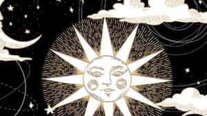 在黑色背景上，微笑的太陽、彎月和星星組成的天體場景。 — 女巫 壁紙
