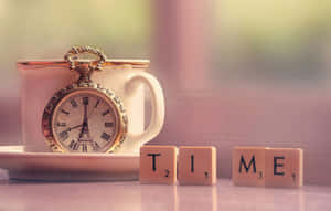 復古艾菲爾鐵塔設計懷錶放在茶杯中，旁邊有「TIME」Scrabble字母牌。 — 在這一刻 壁紙