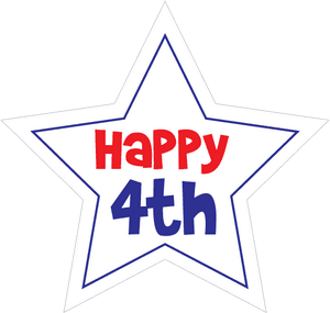 白色星星帶藍色邊框，紅藍文字寫著 happy 4th