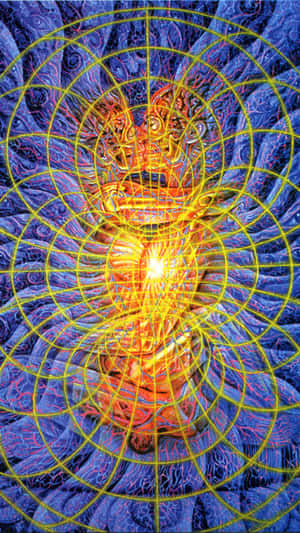 一個發光的金色幾何圖形，在旋轉的宇宙藍色背景下散發能量。 — 灰色美學動圖 壁紙