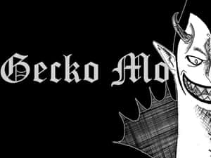 帶有角和尖牙的動漫惡魔角色，在「Gecko Moria」文字旁邊咧嘴而笑。 — 妖狐藏馬 壁紙