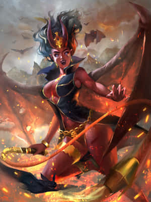帶有角和翅膀的女惡魔在火焰風暴中揮舞著火焰鞭。 — Kindle Paperwhite 壁紙