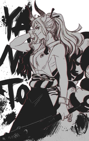 帶角的動漫戰士女孩在塗鴉背景前持劍。 — 神鬼奇航 壁紙