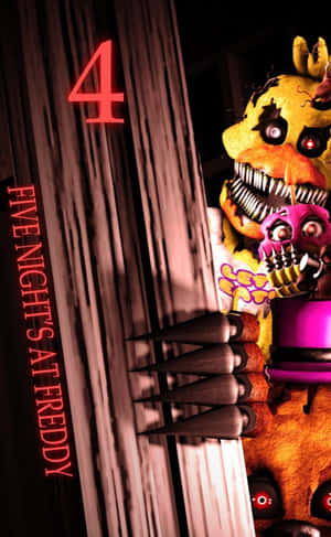 帶有鋒利牙齒和發光眼睛的Freddy Fazbear機械人偶從門後窺視。 — Galaxy Tab Active 壁紙