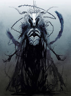 一個黑暗哥德式惡魔，帶有鐵絲網角和骨骼胸部。 — 溫迪戈 壁紙