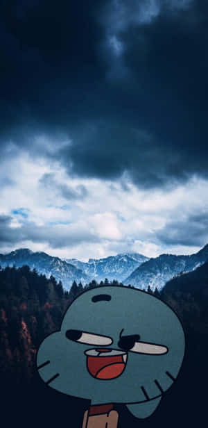 卡通角色在暴風雨的山景背景下頑皮地咧嘴笑。 — Pixel 4 壁紙