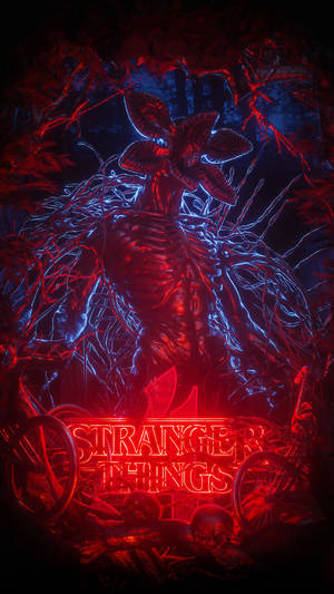 一個在黑暗森林中發光的紅色和藍色外星生物，帶有「Stranger Things」文字。