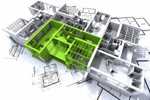 帶有綠色核心的3D建築模型，在藍圖上 — 設計 壁紙