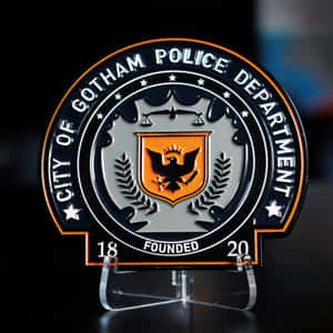 透明壓克力支架上的高譚市警察局徽章，黑色、銀色和橙色設計。 — 高譚 壁紙