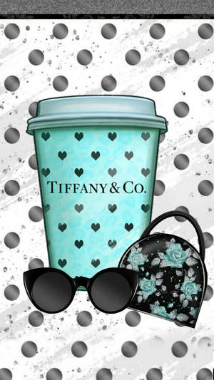 Tiffany 咖啡杯 太陽眼鏡 花卉手提包 圓點背景 — 蒂芙尼藍 壁紙