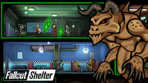 Fallout Shelter遊戲場景，有一個巨型怪物和餐廳中的角色。 — 異塵餘生：新維加斯 壁紙