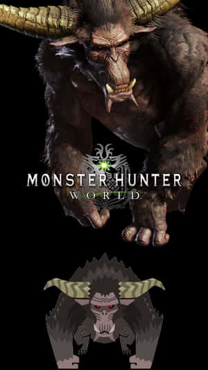 Monster Hunter World 標誌，一個大型帶角怪物位於其像素化版本之上。 — OLED 壁紙