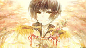 動漫男孩穿著金色長袍，手持櫻花枝，背景柔和粉彩。 — 彩虹旗 壁紙