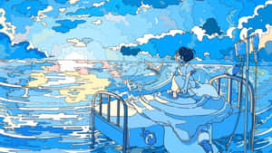 女孩在醫院床上漂浮在海洋中，藍天下有紙鶴 — 動漫桌面 壁紙