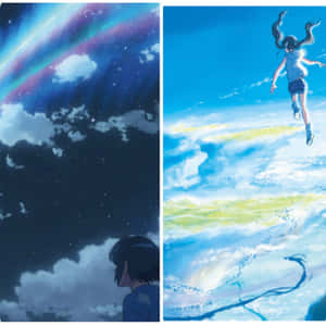 一個女孩跳過明亮的天空，另一個則觀看星星和極光。