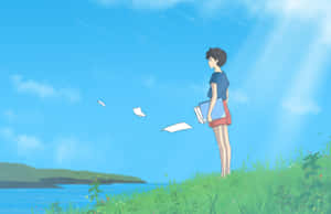 女孩站在湖邊的草丘上，看著紙張隨風飄走。 — 晚安 壁紙