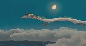 女孩騎龍穿過有月亮和雲層的夜空 — 高解析度龍 壁紙