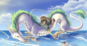女孩騎著白龍飛越海洋，附近有一隻小老鼠 — 插畫 壁紙