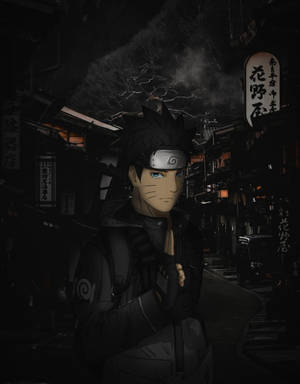 動畫忍者站在黑暗小巷中，暴風雨天空下掛著發光燈籠。 — 滴流 壁紙