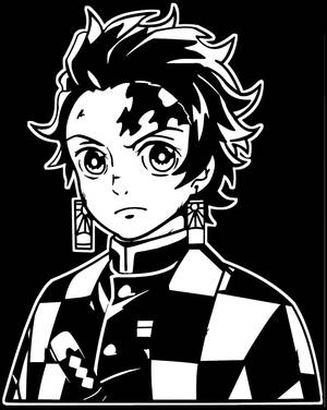 黑白動畫角色，有尖刺頭髮和格子制服。 — 鬼滅之刃 壁紙