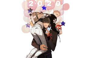 兩個動漫男孩用氣球和星星慶祝2020年。